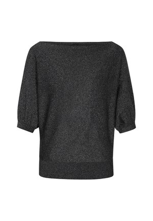 Czarny, błyszczący top odsłaniający ramiona z krótkimi bufiastymi rękawami, prążkowanym dołem i luźnym krojem. Materiał ma metaliczną teksturę.