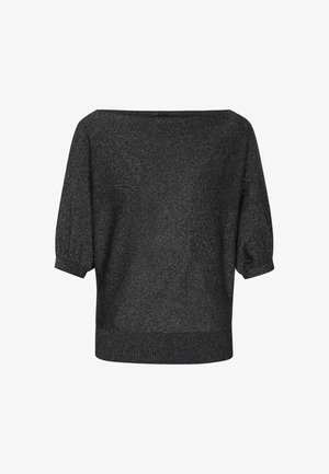 Zwarte, glanzende off-the-shoulder top met korte puffmouwen, geribbelde zoom en een losse pasvorm. Materiaal heeft een metallic textuur.