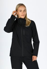 Black waterproof jacket with a hood, zippered front, and pockets. Features a sleek design and adjustable cuffs, made from lightweight fabric.