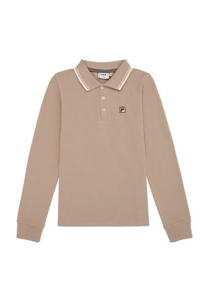 Polo de manga larga color beige, hecho de algodón, con un collar clásico, tapeta de tres botones y rayas blancas contrastantes en el collar.