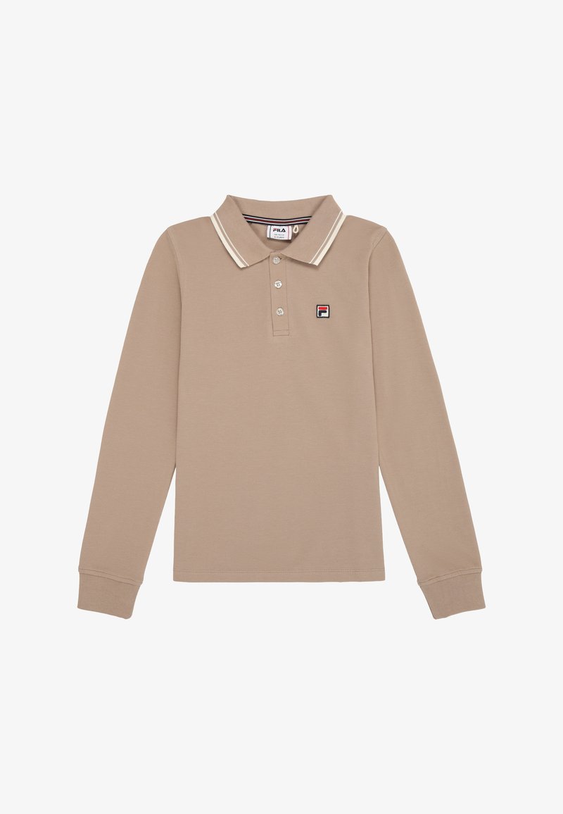 Polo a maniche lunghe beige in cotone, con colletto classico, chiusura a tre bottoni e strisce bianche a contrasto sul colletto.