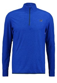 Blå långärmad tröja med kvartdragkedja i texturerat tyg. Har en svart dragkedja och en liten logotyp på bröstet.