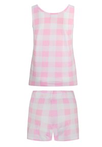 Conjunto de pijama de dos piezas en un patrón de cuadros rosa y blanco, hecho de suave algodón, que incluye una parte superior sin mangas y pantalones cortos con cintura elástica.