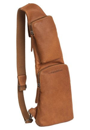 Sac bandoulière en cuir marron avec deux compartiments zippés et bandoulière tissée réglable, conçu pour un transport compact.