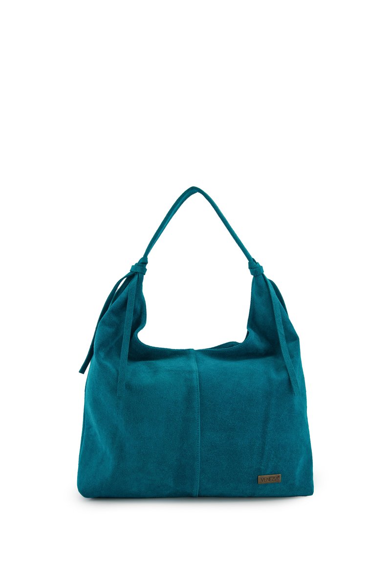 Teal suède handtas met een slouchy vorm, dubbele geknoopte handvatten en een subtiele logodetail. Zachte textuur en ruim ontwerp.