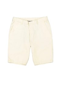 Beige cotton shorts with a relaxed fit, featuring side pockets, belt loops, and a smooth texture. No visible patterns or accents.