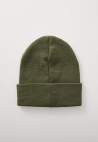 Groene gebreide beanie met een zachte textuur, voorzien van een opgerolde rand en een ronde bovenkant, geschikt voor casual dragen in koelere weersomstandigheden.