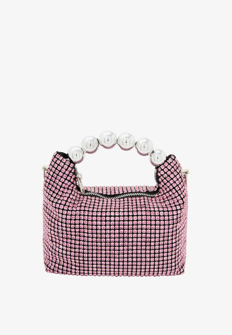 Rózsaszín hálós kézitáska geometrikus mintázattal, fekete kiegészítőkkel, cipzáras záródással és kerek fémgyöngyökből készült fogantyúval.