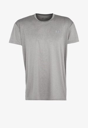 T-shirt en coton gris avec un col rond, des manches courtes et un logo subtil sur la poitrine. Texture lisse et coupe standard.