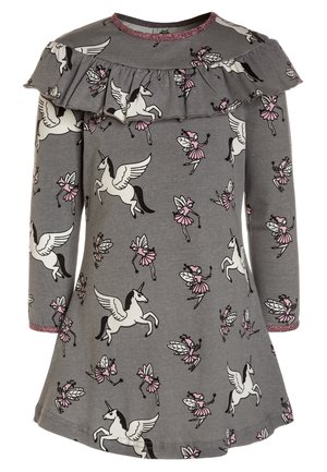 Szara sukienka z długim rękawem, z różowym brokatowym wykończeniem, falbaną na wysokości klatki piersiowej, z nadrukiem białych jednorożców z skrzydłami i różowych wróżek.