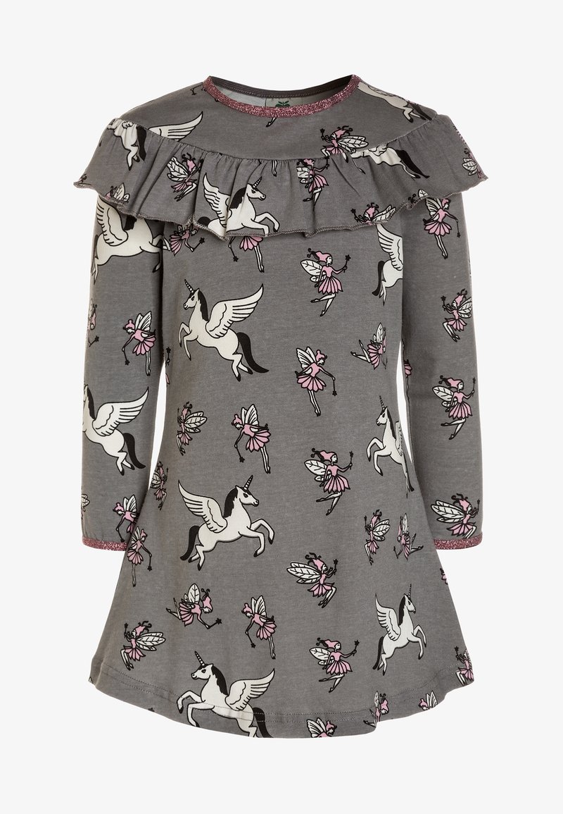 Szara sukienka z długim rękawem, z różowym brokatowym wykończeniem, falbaną na wysokości klatki piersiowej, z nadrukiem białych jednorożców z skrzydłami i różowych wróżek.