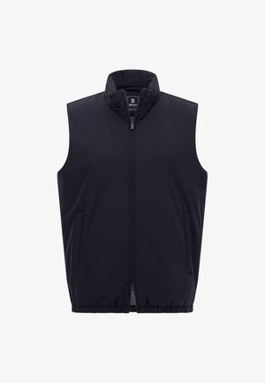 Bez rękawów granatowa kamizelka wykonana z lekkiego, wodoodpornego materiału. Posiada zamek błyskawiczny z przodu, wysoki kołnierz oraz dwie boczne kieszenie. Elastyczny dół dla lepszego dopasowania.