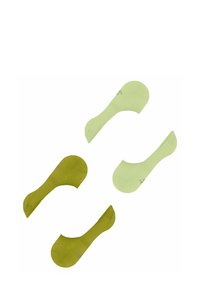 Groene en lichtgroene compressiekousen met een gladde textuur en een voetvormig ontwerp, met kleine logo-details langs de randen.