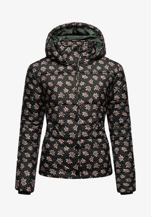 Veste matelassée noire avec un motif floral en rose et blanc, dotée d'une capuche, d'une fermeture à boutons et d'une texture matelassée.
