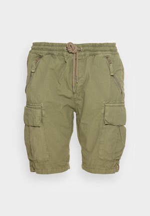 Olivenfarvede cargo shorts lavet af letvægtigt stof, med elastisk talje, snor til lukning og flere lommer med lynlåse.