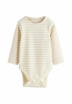 Krém színű, hosszan ujjú baba body, finom bézs csíkokkal, kerek nyakkal és patentos záródással a vállnál és az alsó részen.