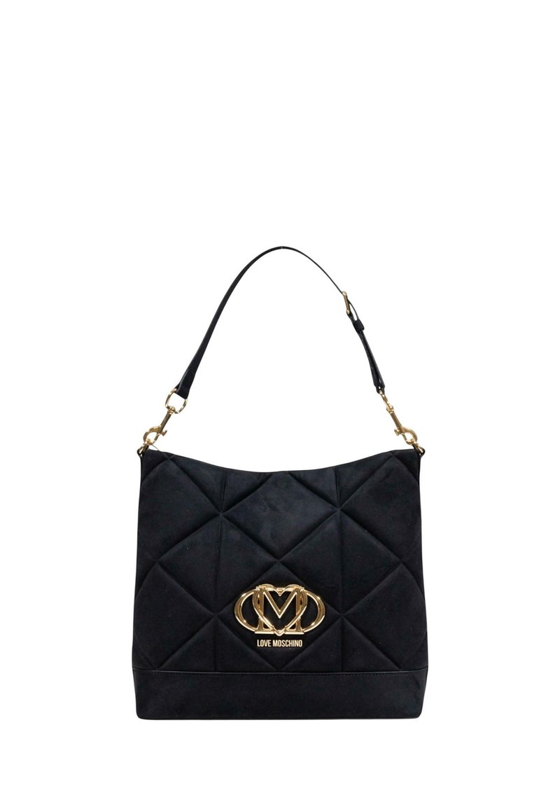 Black quilted handbag featuring a gold-tone logo emblem, smooth texture, a single shoulder strap, and a structured shape.