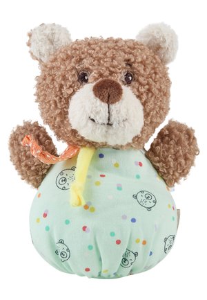 Curly brown teddy bear with a white snout, wearing a polka-dot outfit with small bear faces and orange ribbon around the neck.