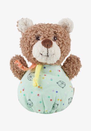 Curly brown teddy bear with a white snout, wearing a polka-dot outfit with small bear faces and orange ribbon around the neck.