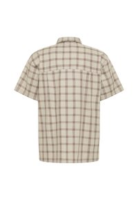 Camicia a maniche corte con un motivo a quadri beige e marrone, dotata di colletto e giromanica. Realizzata in tessuto leggero.