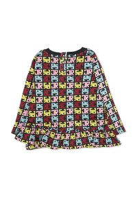 Sukienka z długim rękawem w czarnym kolorze z kolorowymi geometrycznymi wzorami w odcieniach czerwieni, niebieskiego, różowego i żółtego, z falbaniastym dołem. Zamek błyskawiczny z tyłu.