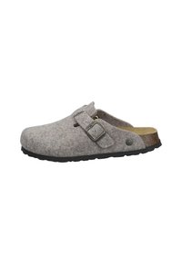 Gray felt clogs with a flat sole, adjustable buckle strap, and a cork footbed. Smooth texture with a black rubber outsole.