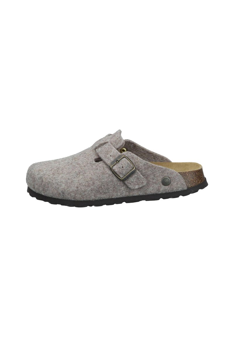 Gray felt clogs with a flat sole, adjustable buckle strap, and a cork footbed. Smooth texture with a black rubber outsole.