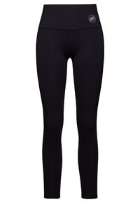 Black leggings made of stretchy fabric, featuring a high waistband, seam detailing, and a small logo near the waistband.