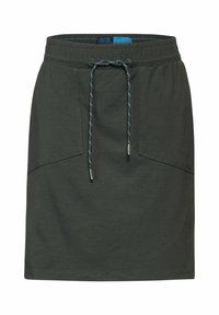 Tummanvihreä hame, joka on valmistettu pehmeästä kankaasta, ja jossa on joustava vyötärö, jossa on kiristysnauha, sekä kaksi edessä olevaa taskua, joissa on tasaiset reunat.