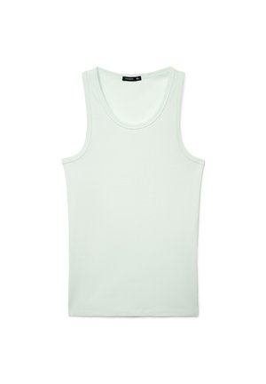 Top a coste senza maniche di colore verde menta chiaro uniforme, con scollatura rotonda, etichetta taglia XL all'interno del collo, disteso su sfondo bianco.