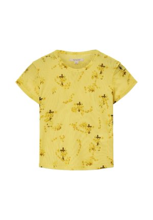 Gelbes T-Shirt mit kurzen Ärmeln, kleinen floralen und braunen Kreuzmustern, mit rundem Ausschnitt und leichtem Stoff.