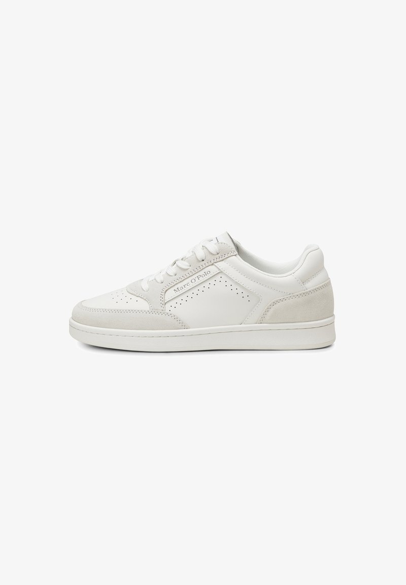 White sneaker featuring a combination of smooth leather and suede, perforated design, flat laces, and a minimalistic silhouette.