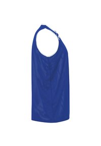 Top senza maniche blu in rete con scollatura rotonda e bordo bianco. Presenta una vestibilità ampia e una texture traspirante per il comfort.