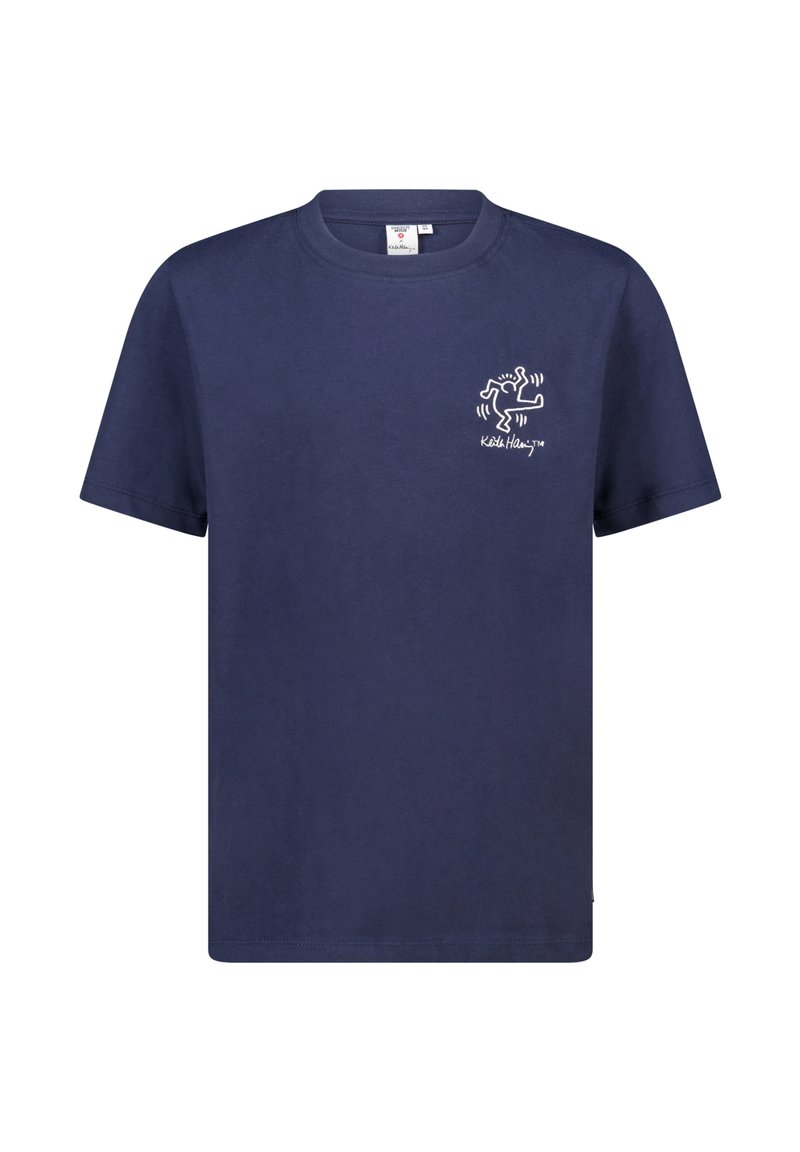 T-shirt en coton bleu marine à manches courtes, col rond, avec un graphique amusant blanc sur la zone gauche de la poitrine, représentant un design de bonhomme allumette.