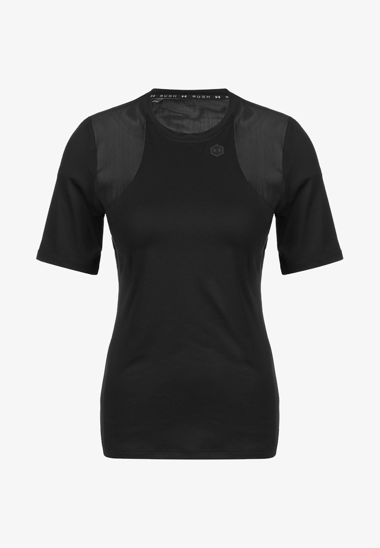 Black athletic t-shirt with short sleeves, featuring a smooth body and sheer mesh panels on the shoulders for breathability.