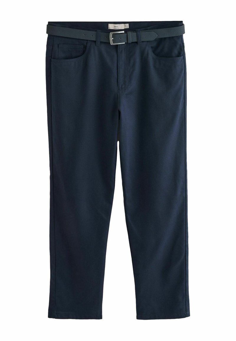 Sötétkék nadrág sima anyagból, passzoló övvel, két elülső zsebbel és egyenes szárú kialakítással, varrott részletekkel.