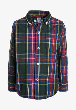 Chemise à carreaux boutonnée en vert, rouge, jaune et bleu. Comprend un col classique, des manches longues et une poche poitrine avec des fermetures à boutons.