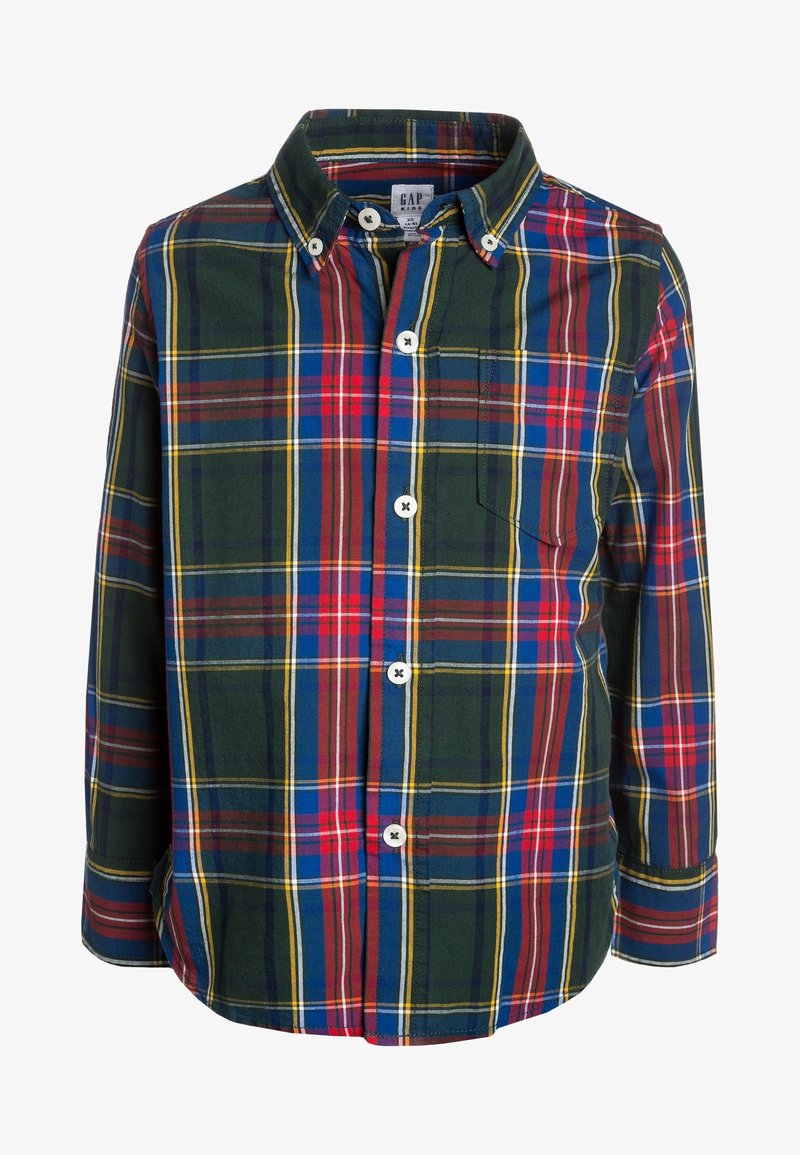 Chemise à carreaux boutonnée en vert, rouge, jaune et bleu. Comprend un col classique, des manches longues et une poche poitrine avec des fermetures à boutons.