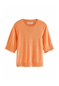 Maglione arancione lavorato a maglia con scollatura rotonda, maniche corte con dettagli arricciati e orlo a costine. Texture liscia.