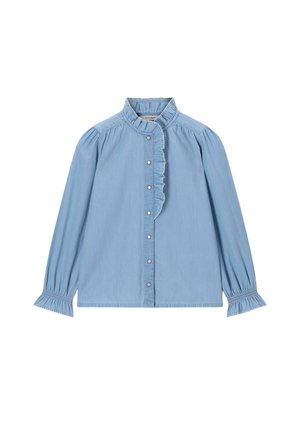 Lichtblauwe blouse met lange mouwen, hoge gerimpelde kraag, knoopsluiting aan de voorkant, gerimpeld detail aan één kant en elastische gerimpelde manchetten.