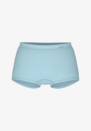 Mutandine modello boyshort da donna di colore azzurro chiaro, senza cuciture, con una cintura a vita media e il logo "mey" sul lato sinistro anteriore.