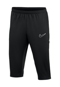 Schwarze Sportshorts mit einem elastischen Bund, aus glattem Stoff gefertigt. Mit einem weißen Nike-Logo auf der linken Seite.
