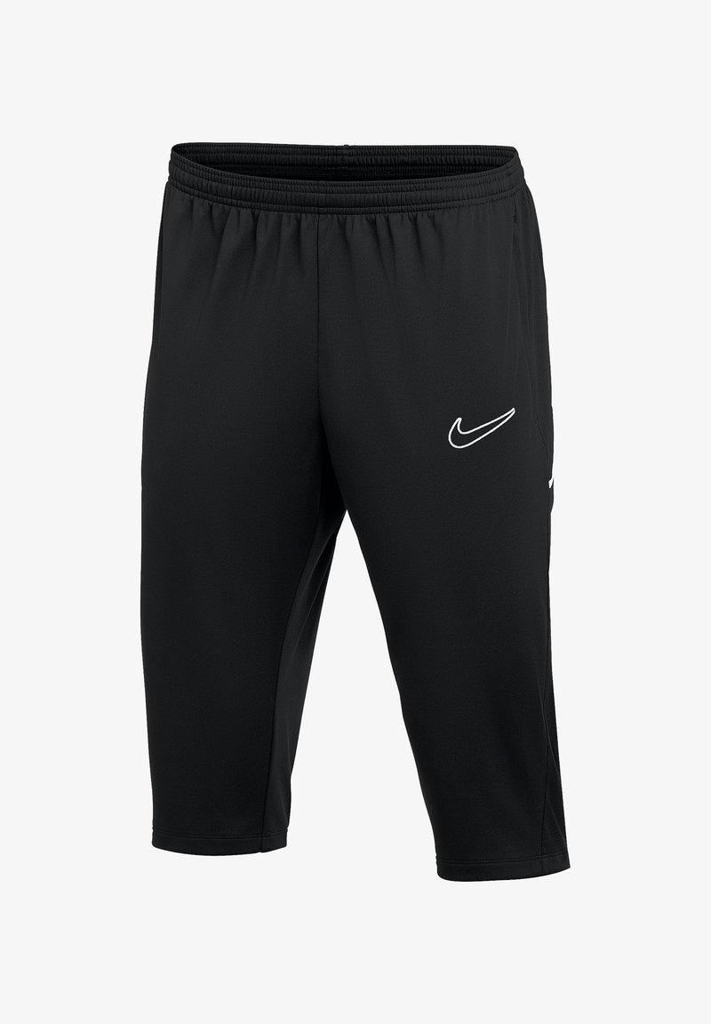 Schwarze Sportshorts mit einem elastischen Bund, aus glattem Stoff gefertigt. Mit einem weißen Nike-Logo auf der linken Seite.