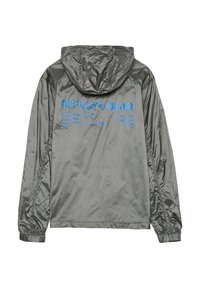 Szara lekka kurtka z kapturem z niebieskim napisem "OFF DUTY GEAR" oraz dodatkowymi małymi napisami na plecach, długimi rękawami i elastycznymi mankietami.