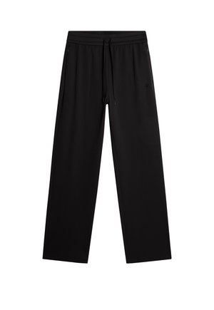 Schwarze Jogginghose mit lockerer Passform, elastischem Bund, Kordelzug und Seitentaschen. Glattes Material ohne sichtbare Muster oder Hardware.