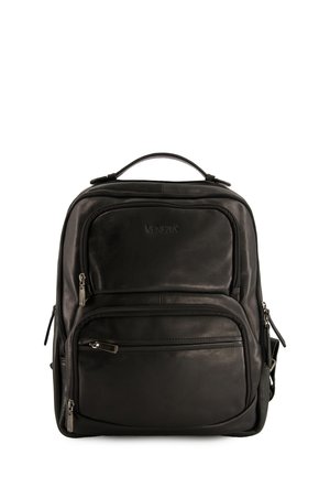 Black leather backpack with multiple zippered compartments, a top handle, and dual side pockets. Features smooth texture and subtle branding.