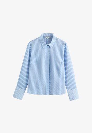 Light blue button-up shirt with vertical white stripes, a pointed collar, and long sleeves featuring striped cuffs.