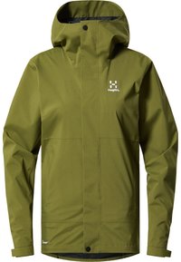 Grön vattentät jacka med huva, utrustad med blixtlås framtill, tryckknappar, två sidofickor och en logotyp på övre vänstra bröstet.