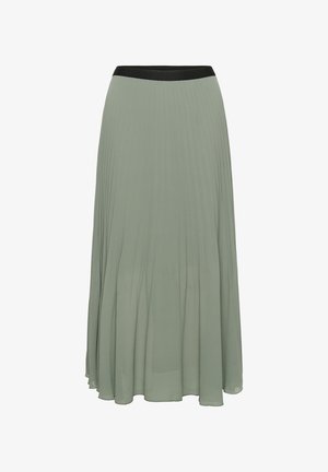 Faltenrock aus einem weichen grünen Stoff mit einem schwarzen Bund. Verfügt über ein fließendes Design und eine leichte Textur für einen angenehmen Tragekomfort.