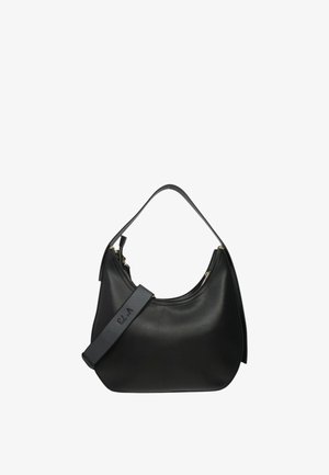 Borsa a spalla in pelle nera con forma arrotondata, chiusura a zip e tracolla removibile con il testo "V-73". Texture liscia, design minimal.